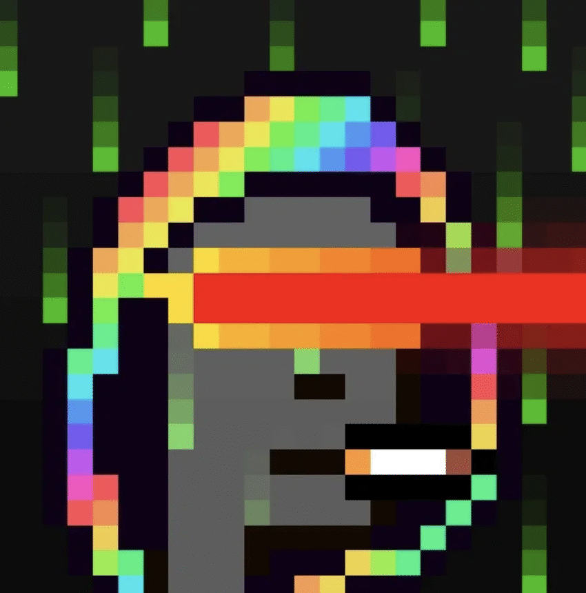 Pixel art of a futuristic character with a rainbow headband and red laser beam shooting from the eye.